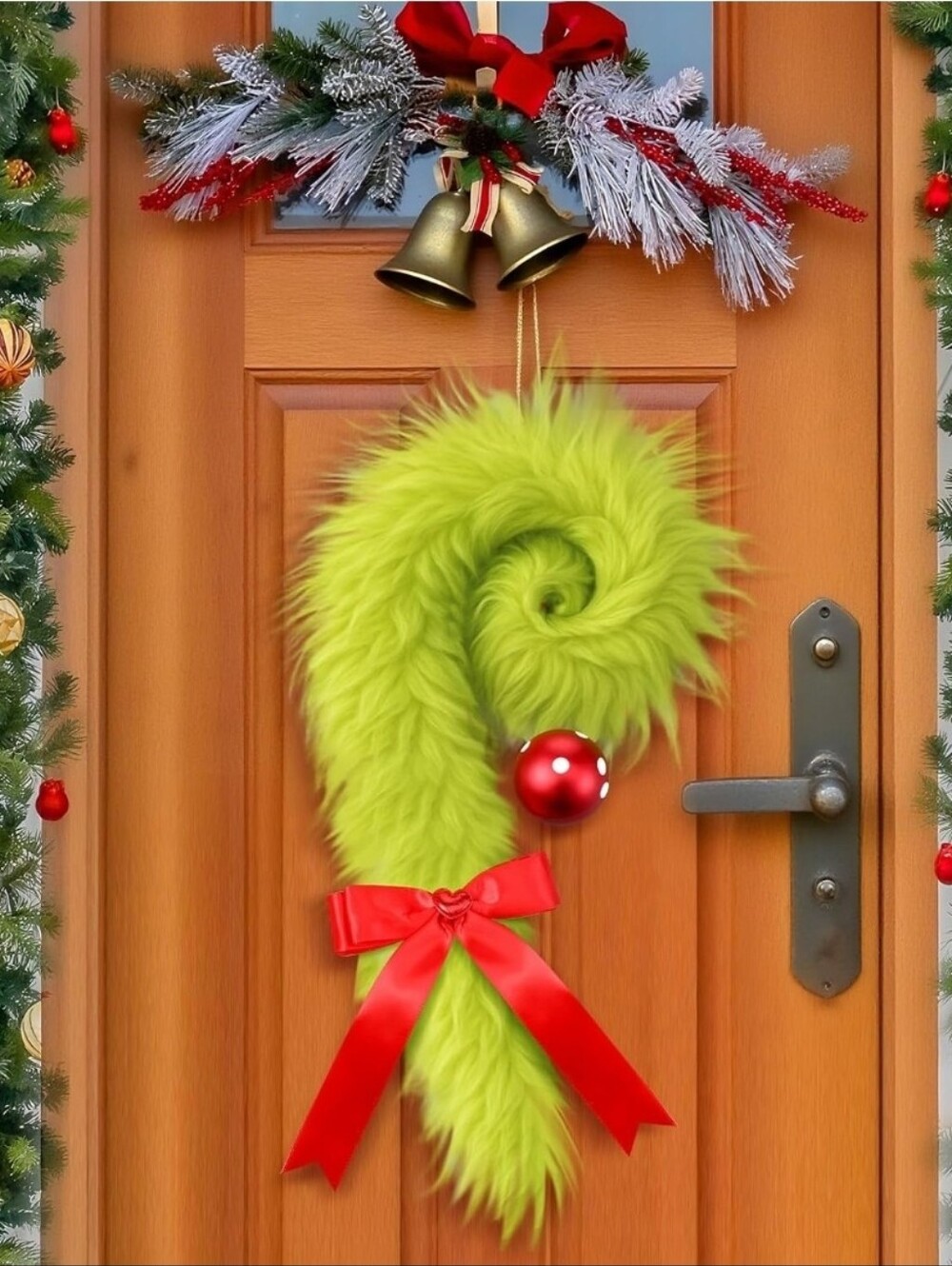 Festive Lime Green Furry Grinch Candy Cane Door Hanger - EUC